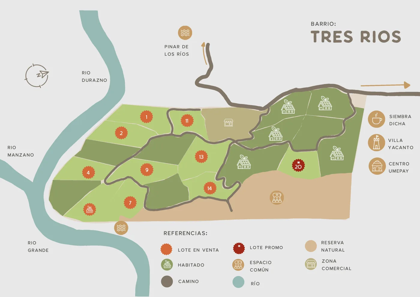 Mapa ilustrado del barrio Tres Ríos en Umepay, con los terrenos en venta