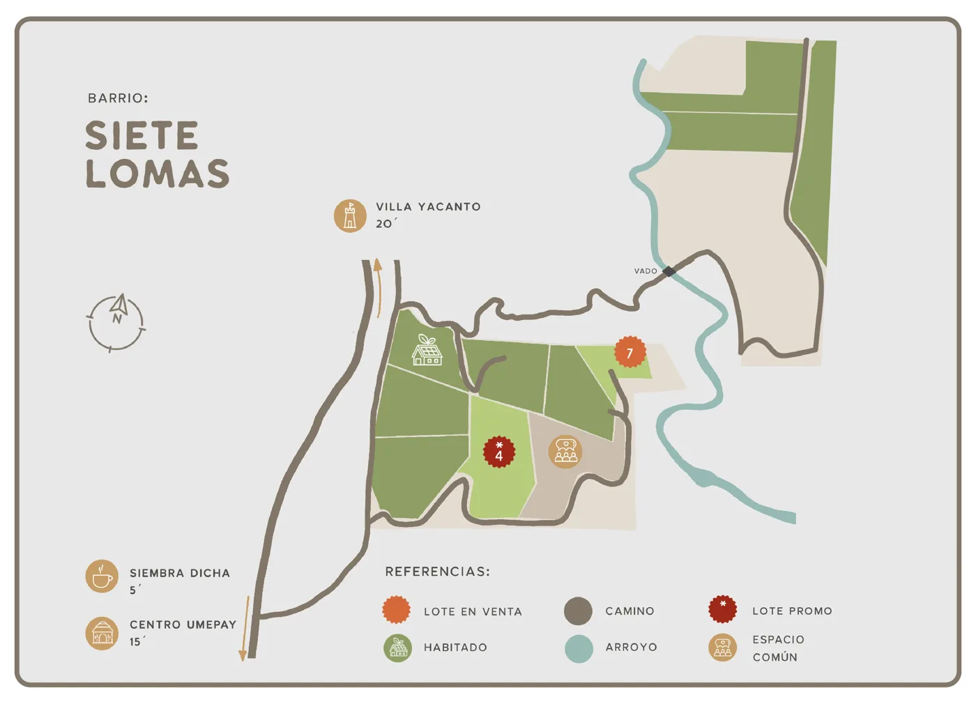 Mapa ilustrado del barrio Siete Lomas en Umepay, con los terrenos en venta