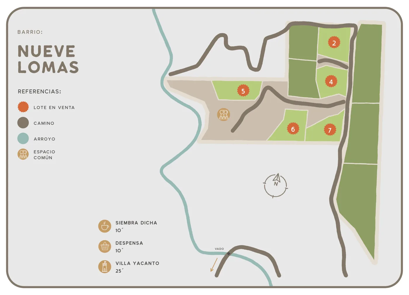 Mapa ilustrado del barrio Nueve Lomas en Umepay, con los terrenos en venta