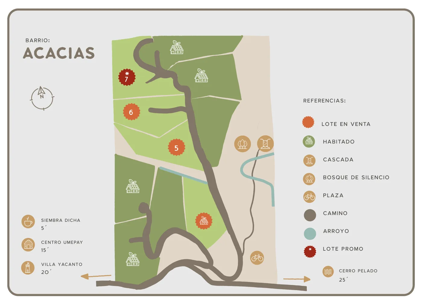 Mapa ilustrado del barrio Acacias en Umepay, con los terrenos en venta