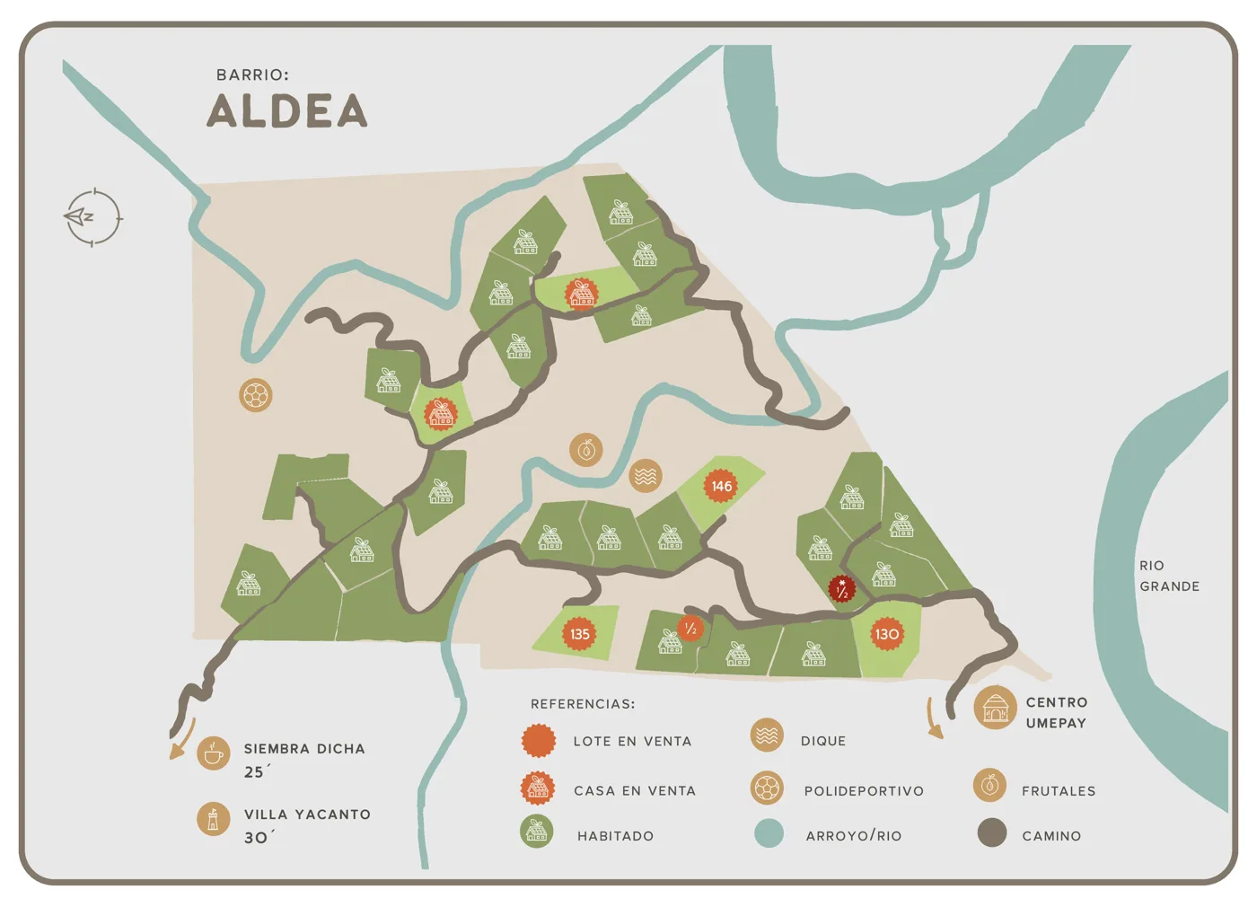 Mapa ilustrado del barrio La Aldea en Umepay, con los terrenos en venta