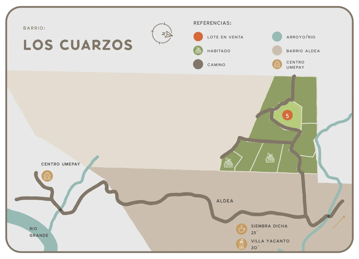 Mapa ilustrado del barrio Los Cuarzos en Umepay, con los terrenos en venta